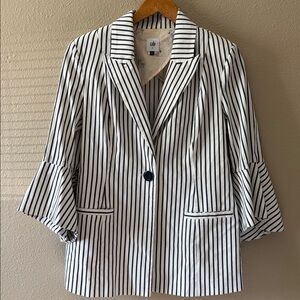 Cabi 1 Button Blazer Jacket 4 White Navy Blue Striped Trumpet 3/4 Sleeve Denim